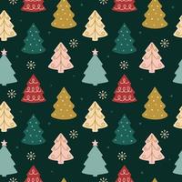 Christmas seamless pattern with colorful Christmas trees. Hand drawn background for wrapping paper, textile, fabric, covers. Vector illustration on a dark green background