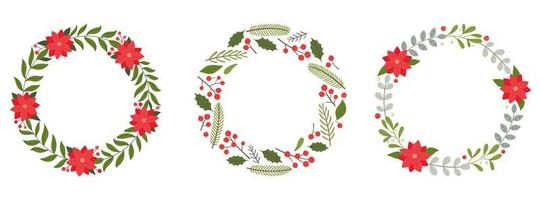 Set of Christmas wreaths with poinsettia flowers, twigs, berries and leaves. Vector template on a white background for holiday cards, prints, invitations, banners