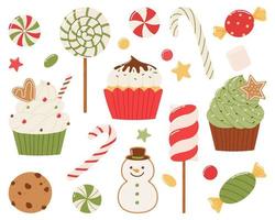 Christmas sweets set. Cakes, sweets, gingerbread and lollipops on a white background. Vector illustration