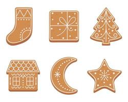 Set of Christmas gingerbread cookies in flat cartoon style. Vector illustration isolated on white background