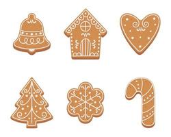 Set of Christmas gingerbread cookies in flat cartoon style. Vector illustration isolated on white background