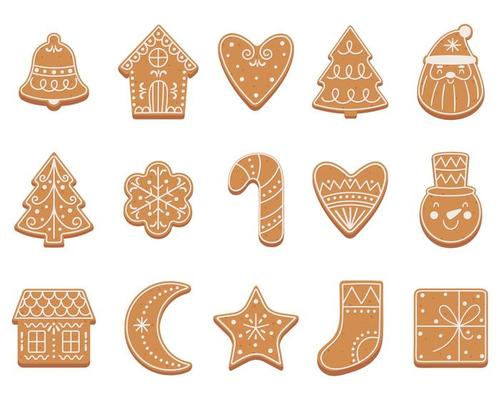 Set of Christmas gingerbread cookies in flat cartoon style. Vector illustration isolated on white background