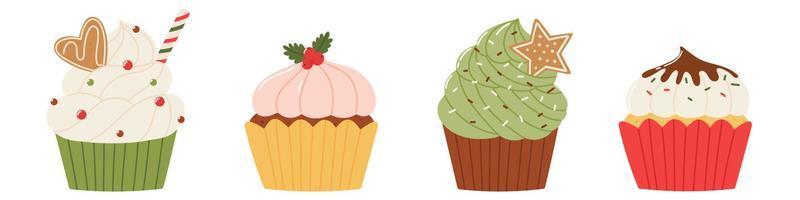 Christmas cupcakes set. Various holiday cupcakes in flat cartoon style. Vector illustration isolated on white background