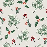 Christmas vector seamless pattern with fir branches and red berries on a light background.