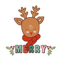 Doodle baby deer head. Merry lettering. The Red-nosed Reindeer. vector