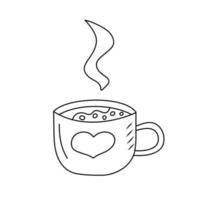 Coffee mug with heart and steam in doodle style. Black and white vector illustration for coloring book.