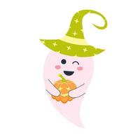 Cute pink ghost in a hat with a pumpkin. Halloween character isolated on white background. vector