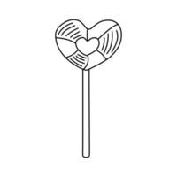 Heart shaped lollipop in doodle style. Black and white vector illustration for coloring book.