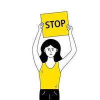 Woman protest with stop banner in doodle style. Social political demonstration, human right, protest, feminism, women's rights concept. vector