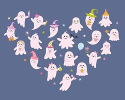 Heart shaped set of cute pink ghosts. Halloween baby characters for kids. Magic scary spirits with different emotions, facial expressions and accessories.