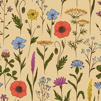 BEIGE VECTOR SEAMLESS BACKGROUND WITH MULTICOLORED WILDFLOWERS