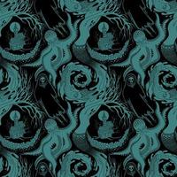 BLACK AND TURQUOISE VECTOR SEAMLESS PATTERN WITH DIFFERENT PHANTASMAGORIC SCARY CREATURES OF THE ANIMAL AND AQUATIC WORLD