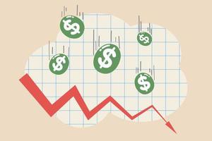 gráfico de pérdida de efectivo. financiar el programa de inflación, la pérdida de dinero y la disminución de los ingresos. datos de pérdidas de comerciantes, gráfico de pérdidas presupuestarias o quiebras de inversión ilustraciones vectoriales aisladas vector