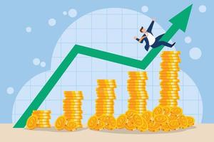 Business man investing investment on index stock growing wealth with compound interest, earning or profit concept, success man investor ride the upright index graph.  Make money coins grow up goal. vector