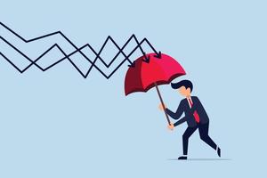 Protection or defensive stock in economy crisis or market crash. businessman holding umbrella to cover and protect from downturn arrow. vector