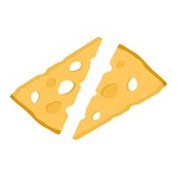 Pieces of holland cheese with holes. Slices of tasty cheese in triangular shape isolated on white background. Healthy organic food. Vector cartoon illustration