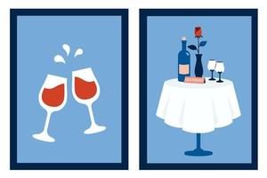 Set of vertical minimalist posters with restaurant table, wine, glass, flower. Modern Valentine's day card. Vector trendy illustration for holidays, romantic dinner, party, wedding, dating, invitation