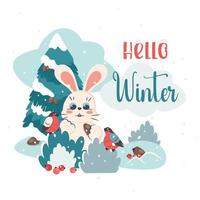 Winter colorful card with lettering. Happy smiling rabbit with cute birds in snowy forest. Little bunny treats birdies berries, cones of spruce. Vector cartoon illustration for Christmas holiday