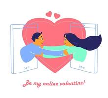 diseño vectorial de la tarjeta de felicitación del día de san valentín. concepto de citas en línea. pareja en pantallas de teléfonos inteligentes tomados de la mano abrazándose. vector