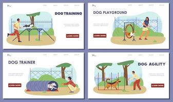 People training their dogs on agility field vector set of landing page templates.