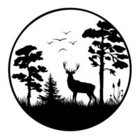 A black silhouette of a deer standing among the trees on the grass. Vector illustration of a forest with pine tree in circle.