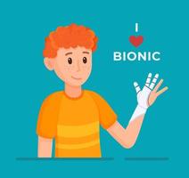 Vector illustration of i love bionic. A boy on his arm with a prosthetic arm is enjoying life.