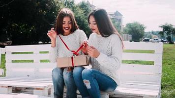 süße Mädchen tauschen Weihnachtsgeschenke auf einer Parkbank aus