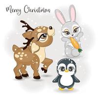 Lindo reno de navidad liebre y pingüino ilustración vectorial vector