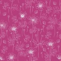 Seamless floral pattern, Kosmos flower line art, Kosmeya hand drawn illustration, wild flower astra isolated on pink backround, decorative backdrop design for greeting card, wedding invitations vector