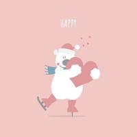 lindo y encantador oso de peluche dibujado a mano abrazando el corazón con patinaje sobre hielo, feliz día de San Valentín, concepto de amor, diseño de vestuario de personaje de dibujos animados de ilustración vectorial plana vector