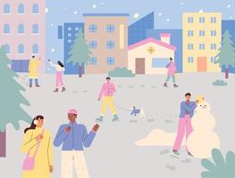 Snowy urban background. People are walking down the street, making snowmen and walking dogs. vector