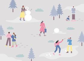 fondo del parque con mucha nieve. la gente está dando un paseo y jugando en la nieve con sus amigos. ilustración vectorial plana. vector