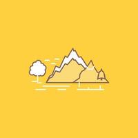 Cerro. paisaje. naturaleza. montaña. icono lleno de línea plana de árbol. hermoso botón de logotipo sobre fondo amarillo para ui y ux. sitio web o aplicación móvil vector