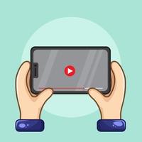 mano que sostiene el teléfono inteligente con botón de reproducción para ver videos en la aplicación vector