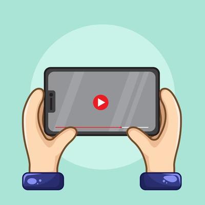 Hand holding smartphone with play button to watch video in app