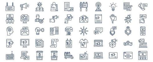 Collection of icons related to Advertising and promotion, including icons like Audience, Billboard, Customer, Digital Marketing and more. vector illustrations, Pixel Perfect set