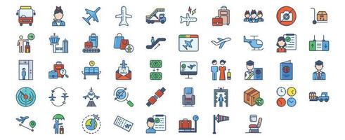 colección de íconos relacionados con viajes de aviación y aeropuertos, incluidos íconos como azafatas, aviones, equipaje, libre de impuestos, pasajeros y más. ilustraciones vectoriales, conjunto perfecto de píxeles vector