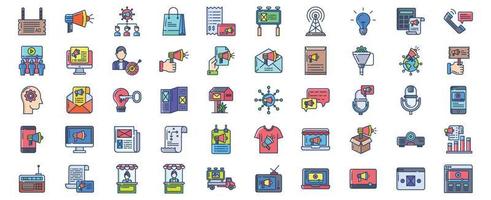 Collection of icons related to Advertising and promotion, including icons like Audience, Billboard, Customer, Digital Marketing and more. vector illustrations, Pixel Perfect set