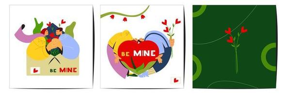 Set Of Creative Saint Valentine's Day Greeting Cards Flat Vector Design. Couple In Love. Stylized Modern People Illustration.