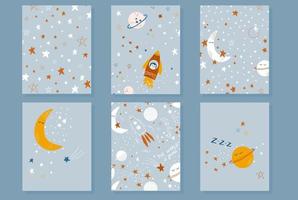 Cosmic theme cards . Cute vector illustrations with stars, moon, rocket and planets. Hand drawn prints for baby clothes, textile, postcards, scrapbooking.