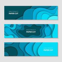 Paper cut waves shape abstract template, deep blue background. Horizontal banners, cover layout, social media design. 3D abstract paper art style. vector