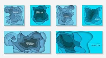 Vector set of 6 backgrounds with deep blue color paper cut shapes. 3D abstract paper art style, design layout for business presentations, flyers, posters, prints, decoration, cards, brochure cover.