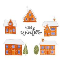 Hello Winter black handwritten lettering phrase. Winter houses sprinkled with snow. Christmas illustration. Vector illustration.