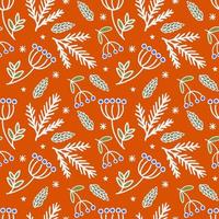 Winter pattern, seamless vector illustration. Cones, rowan, twigs and snowflakes on a bright background. Can be printed and used as holiday wrapping paper, wallpaper, textile, fabric, etc.