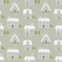 Lovely houses with chimneys, trees and firs. Snow on rooftops. Seamless vector pattern. Can be printed and used as Christmas wrapping paper, wallpaper, textile, fabric, etc.