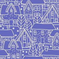 Winter landscape. Houses and trees, seamless pattern. Can be printed and used as wrapping paper, wallpaper, textile, fabric and banner. Vector illustration.