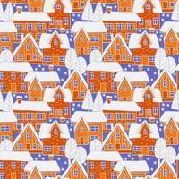Winter snowy landscape with houses, trees and snowflakes. Vector seamless pattern. Abstract illustration without borders. Suitable for wrapping paper, wallpaper, textile, fabric, etc.