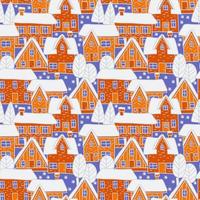 Winter snowy landscape with houses, trees and snowflakes. Vector seamless pattern. Abstract illustration without borders. Suitable for wrapping paper, wallpaper, textile, fabric, etc.