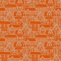 beautiful festive seamless pattern with houses and trees. graphic vector illustration. Terracotta background. Can be used for textile, poster, banner, background, scrapbooking.