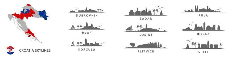 Collection of croatian skylines, big cities in Croatia, eastern europe. Dubrovnik, Zadar, Pula, Hvar, Losinj, Rijeka, Korcula, Plitvice, Split. vector